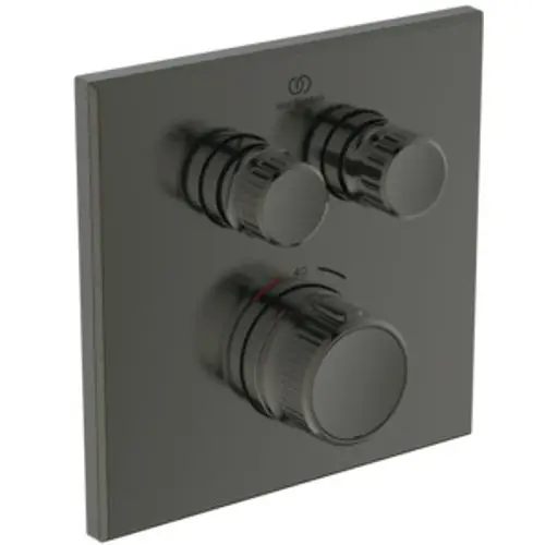 Wandmontierter Thermostat von Ideal Standard mit drei Drehknöpfen für Temperatureinstellung und Wasserfluss, in der Farbe Magnetic Grey.